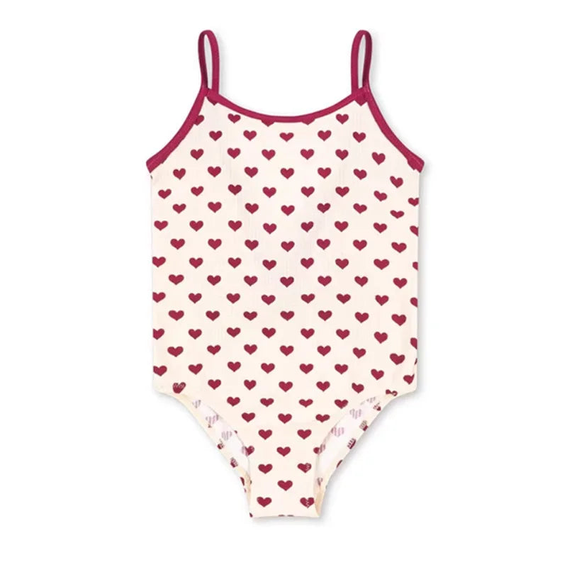 Girls Simple Color Block Swimsuit Heart Print Bikini Set Fashionable Large Bow Knot One-Piece Swimwear Summer Kids Clothing