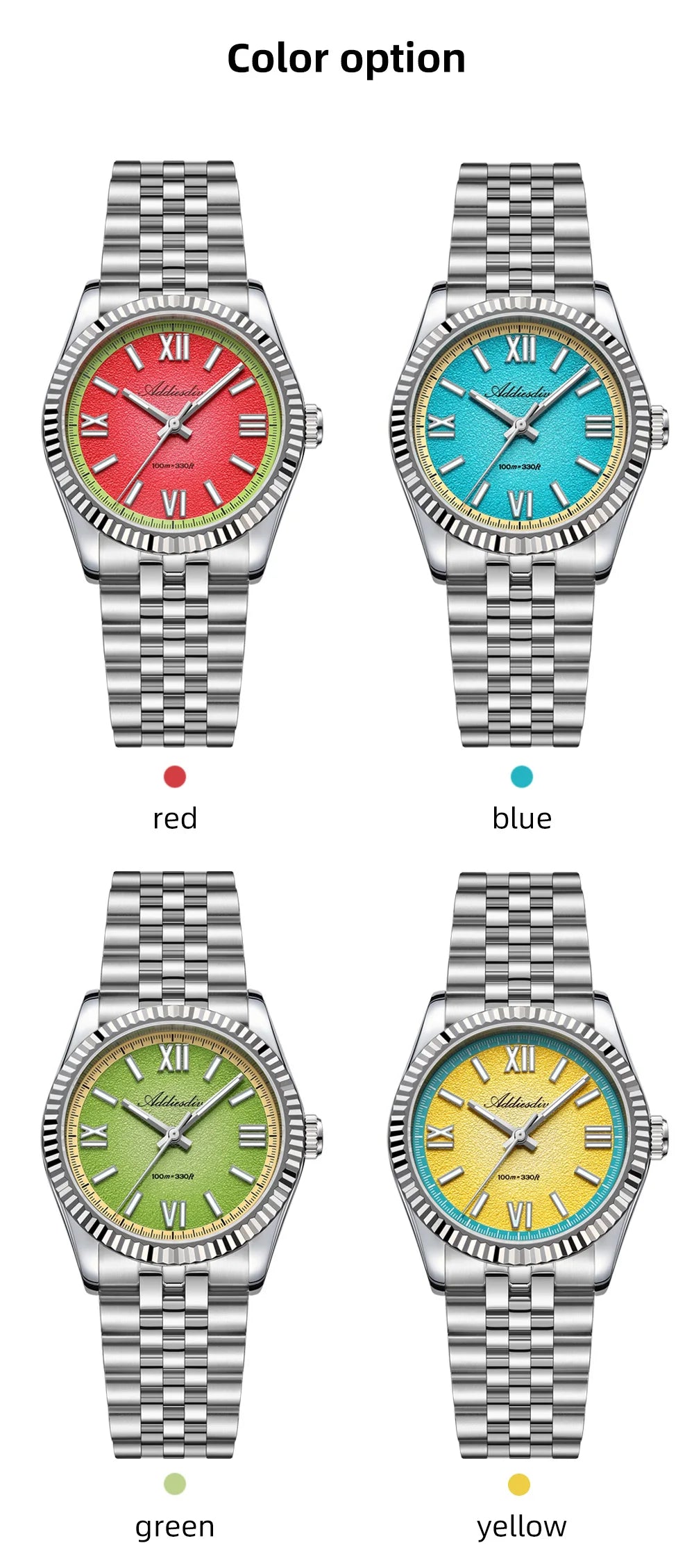ADDIESDIVE 2025 NEW Colorful Dial Quartz Watch For Men VH31 Movement Stainless Steel Sapphire Glass 100M Waterproof Dive Watches
