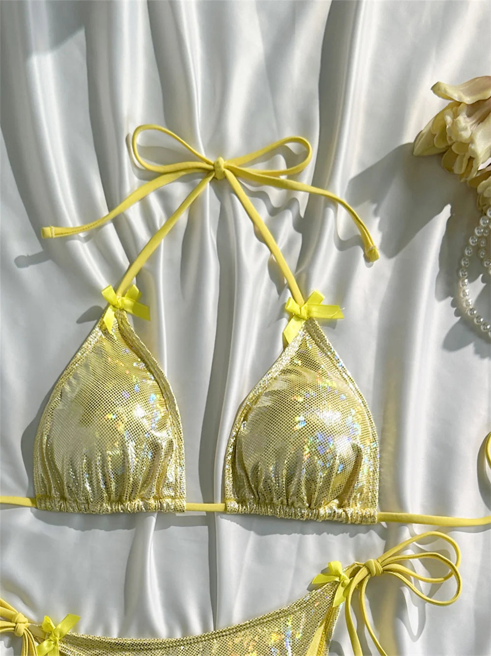 Shiny Pink Bikini Extrem String Backless Swimsuit Push Up Kawaii Bowknot Vacation Swimwear Women Micro Tangas Beach Bathing Suit