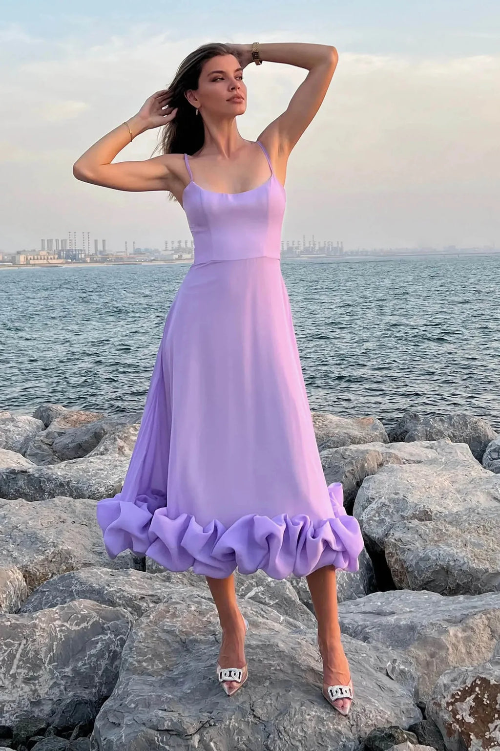 Putao Prom Dresses Fashion Square Empire Summer Party Dress Tea Length Sleeveless Chiffon Ruched Formal Evening Gowns платье жен