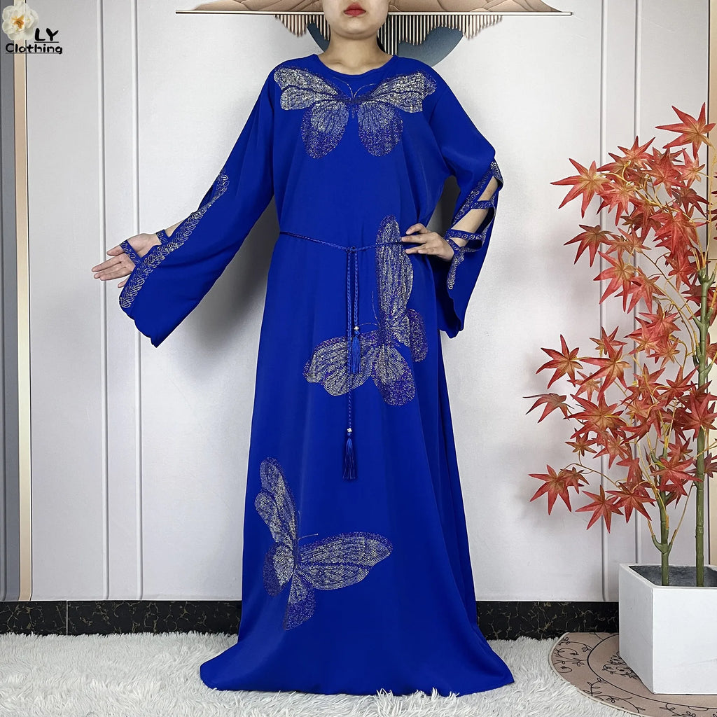 2025New Dubai Muslim Women Elegant Dress African Abaya Loose Butterfly Pattern Diamond Islamic Long Sleeve Turkey Femme Clothing