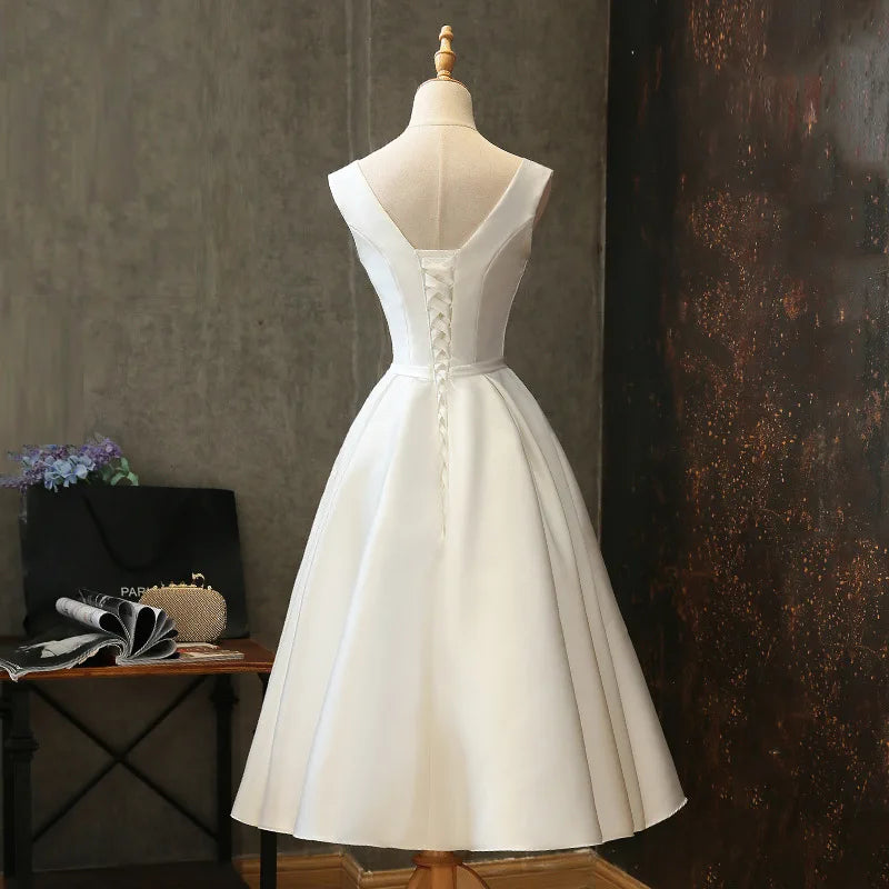 Sexy V Neck White Satin Midi Bride Dress Summer Elegant Prom Evening Wedding Bridesmaid Guest Long Party Dresses for Women 2023