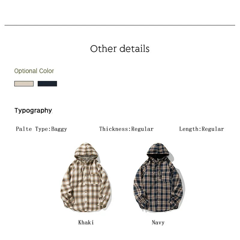 TFETTERS Brand Hooded Shirts Mens Plaid Spring Summer 2025 New Vintage Shirts Male Long Sleeve Fashion Streetwear Mans Coat