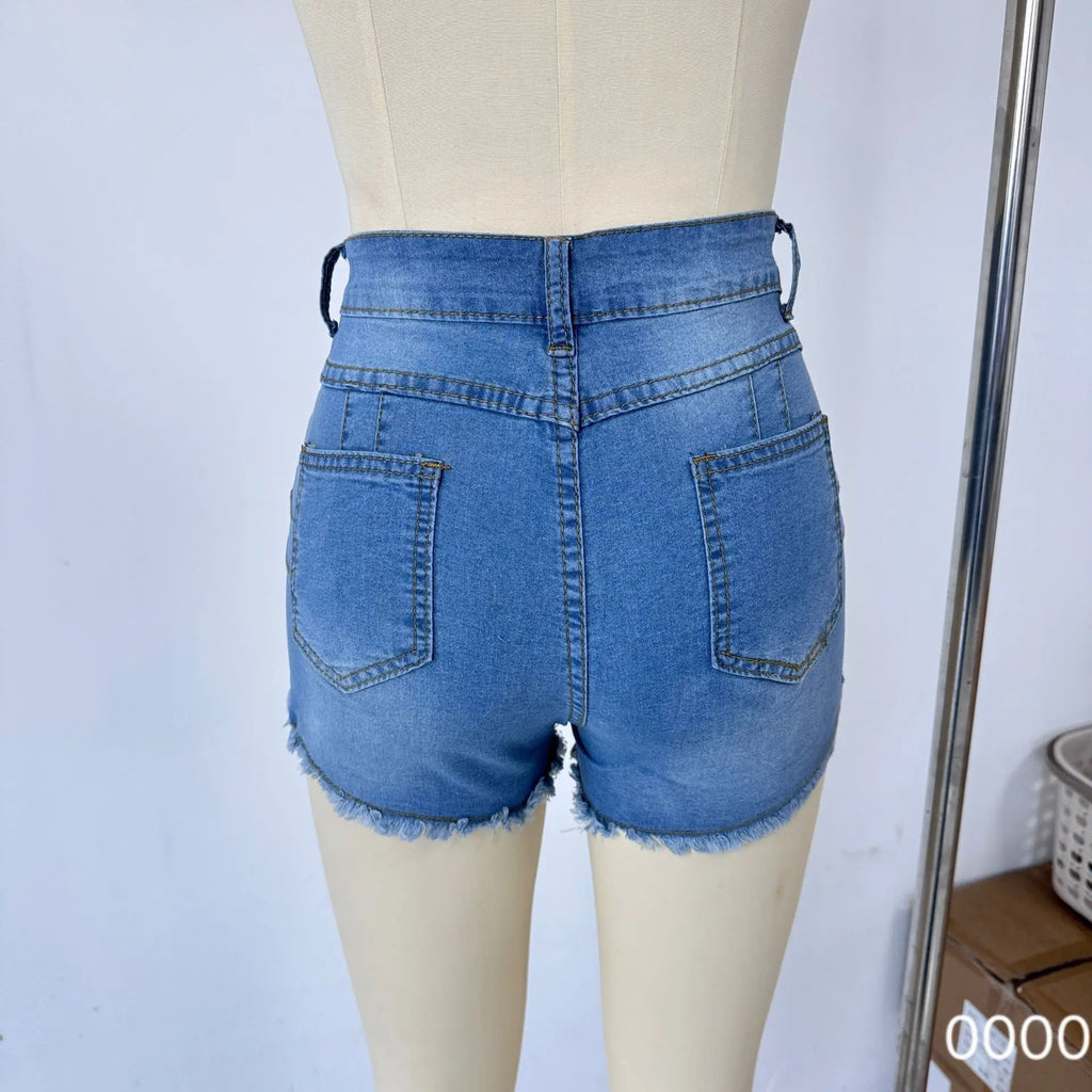 شورت جينز نسائي ضيق بقصة ضيقة ومثير وساخن وعصري بلون سادة وخصر عالٍ، ملابس كاجوال للسيدات.