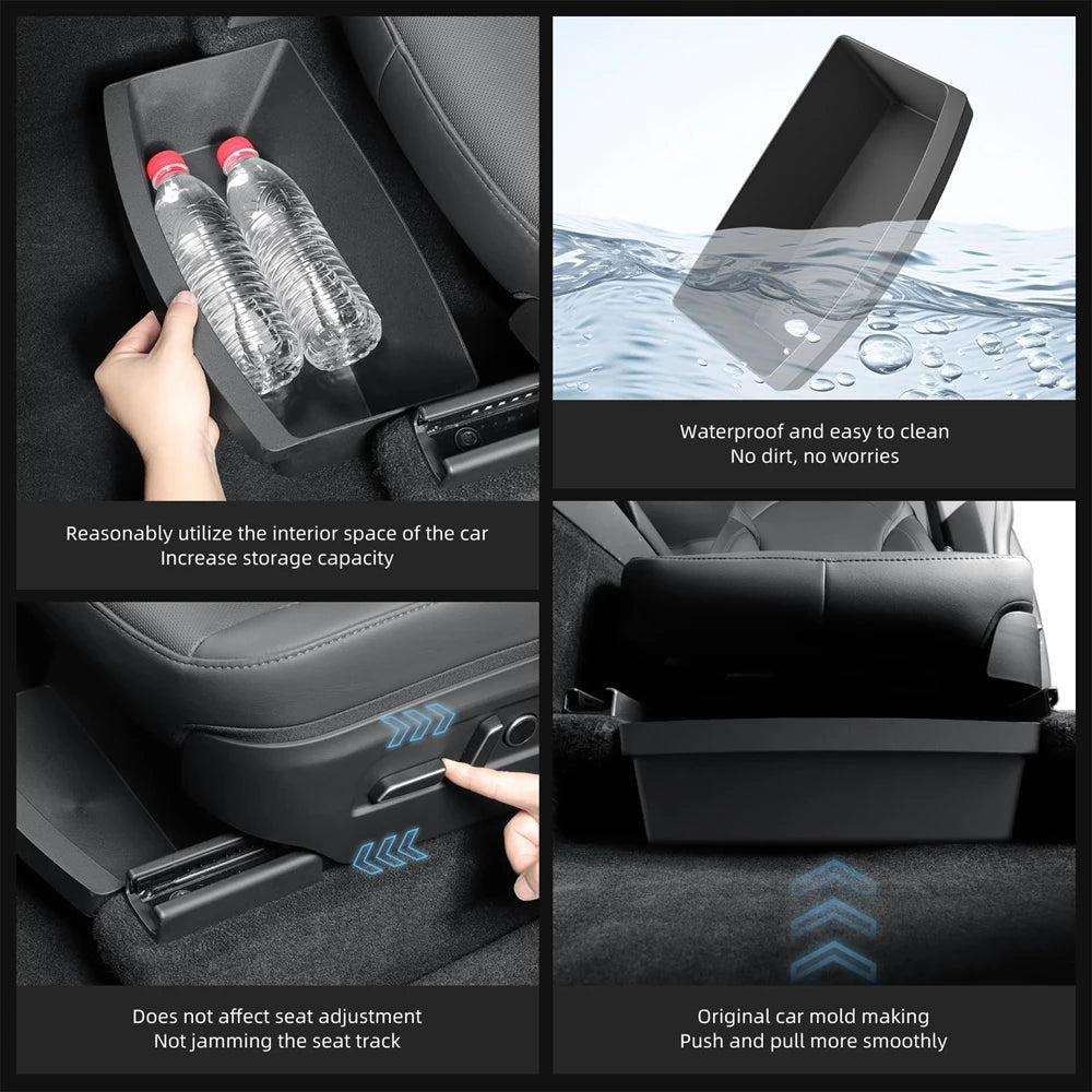 Underseat Storage Box Organizer for Tesla Model Y Juniper 2025 Front Rear Under Seat Organizer Waterproof Bin Travel Accessories