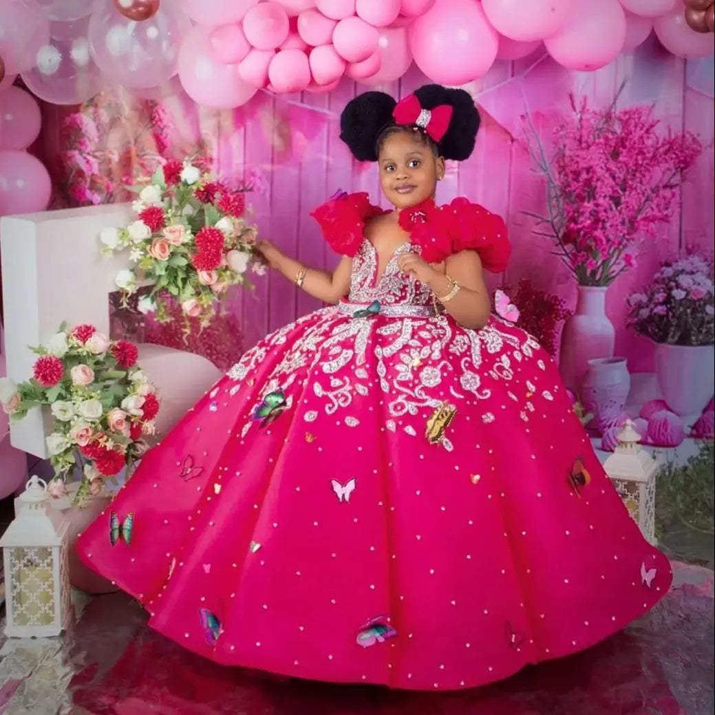 Luxury Beading Flower Girl Dresses Princess Hot Pink Customized Ball Gown Baby Girls First Birthday Party Pageant Dress
