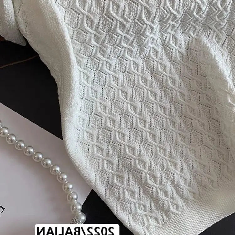 French High end Ice Silk Polo Shirt Women Summer Chic Thin Unique Jacquard Knitted Short Sleeve Loose White T-shirt Women Top