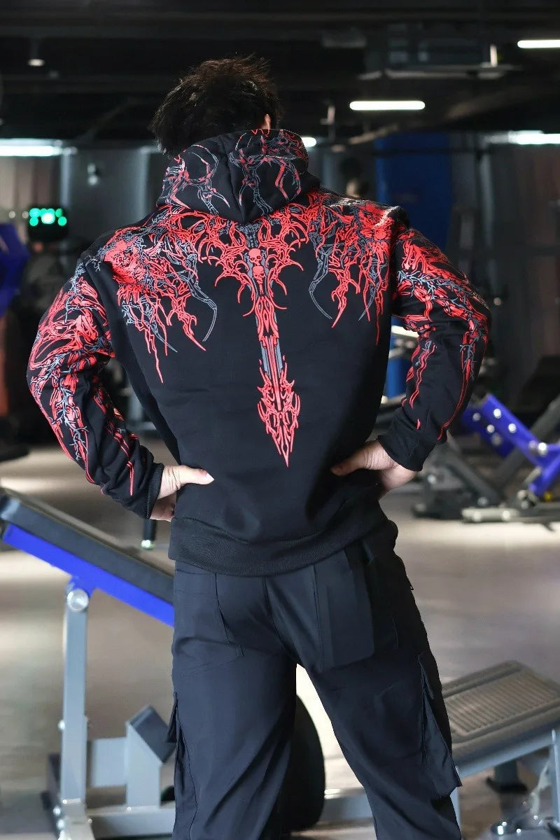2025New American Style Men's Hooded Sweatshirt Trendy Brand Dark Style Sports Fitness High Street Autumn Winter Men's Sweatshirt