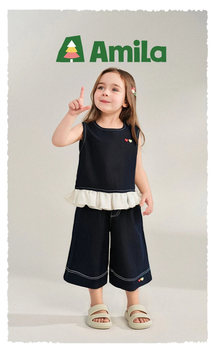 Amila 2026 Girls Summer Set Navy Blue Top Wide Pants 2025 Fashion Heart Embroidery Ruffle Casual Trendy Kids Outfit Sleeveless
