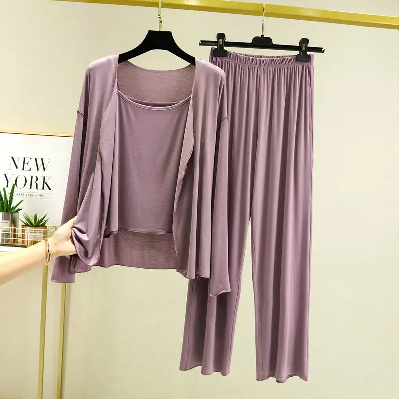 Fdfklak New Arrivals 3PCS Sleepwear Pajamas Set Lingerie Pyjamas Spring Summer Modal Soft And Comfortable Homewear