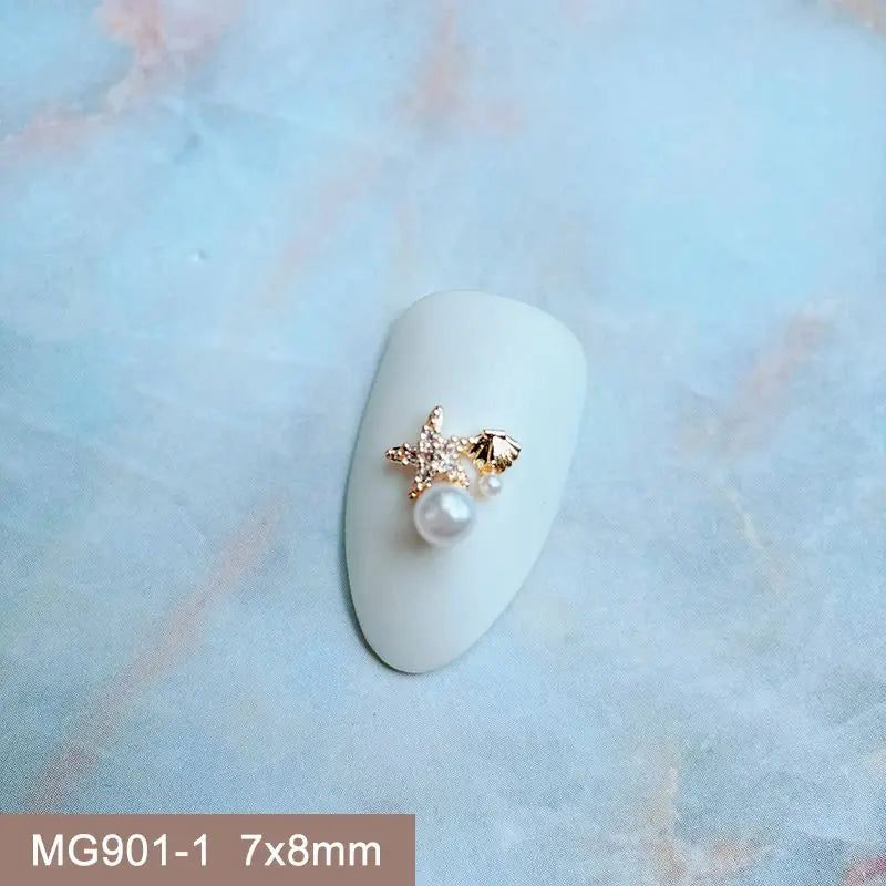 10pcs Summer Shell Starfish Cherry Zircon Crystals Metal Nails Jewelry Decorations Nail Art Accessories Charms Parts Supplies