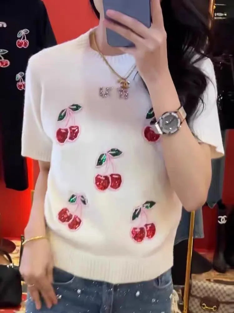 New French High End Cherry Knitted Sweater Women Spring Summer Short Sleeve Fashion Design Sequin Pullover Tops Casual Jumper