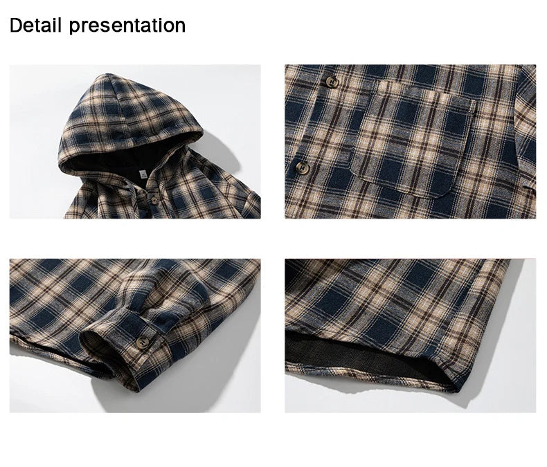 TFETTERS Brand Hooded Shirts Mens Plaid Spring Summer 2025 New Vintage Shirts Male Long Sleeve Fashion Streetwear Mans Coat
