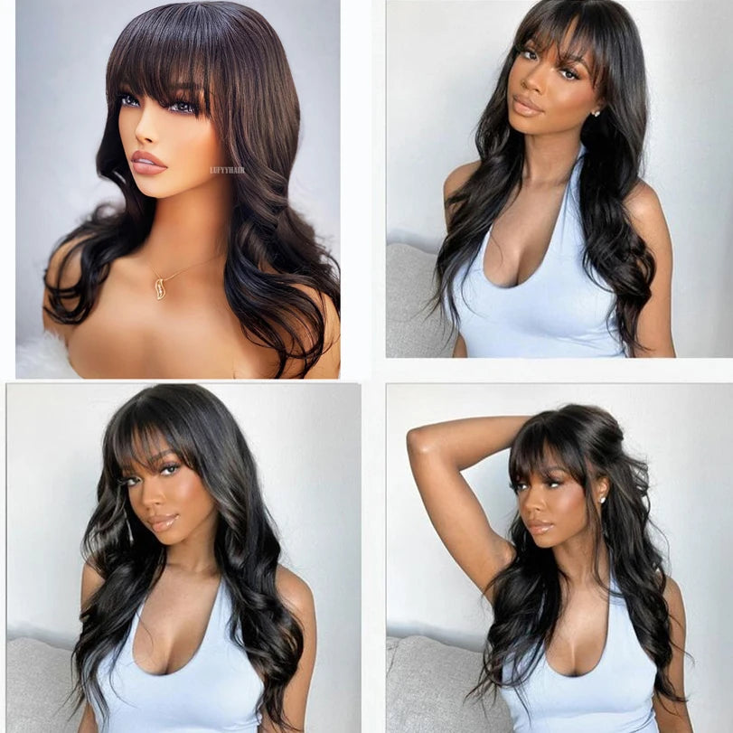 Body Wave Human Hair Wigs With Bangs 5x5 PU Silk Base Closure Wig 150% Density Malaysian Remy Hair Wavy Wigs For Women