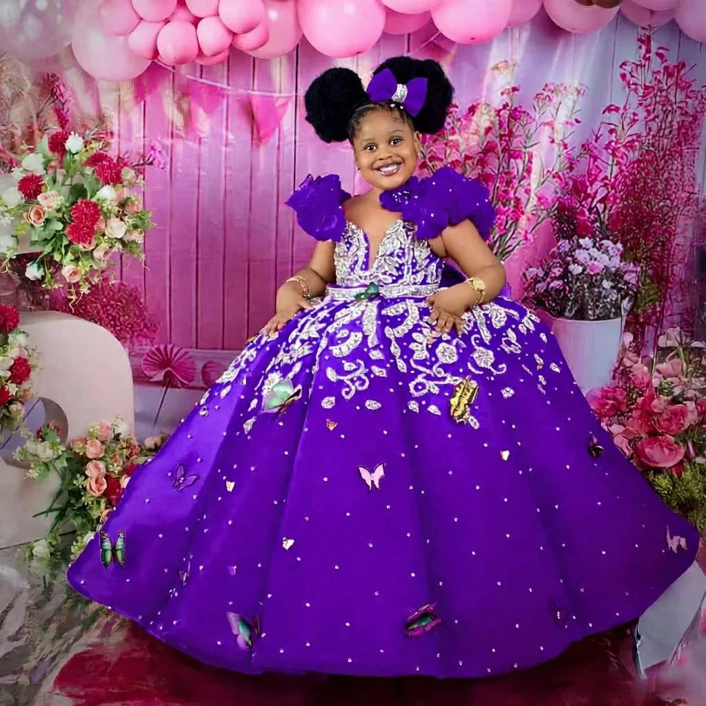 Luxury Beading Flower Girl Dresses Princess Hot Pink Customized Ball Gown Baby Girls First Birthday Party Pageant Dress