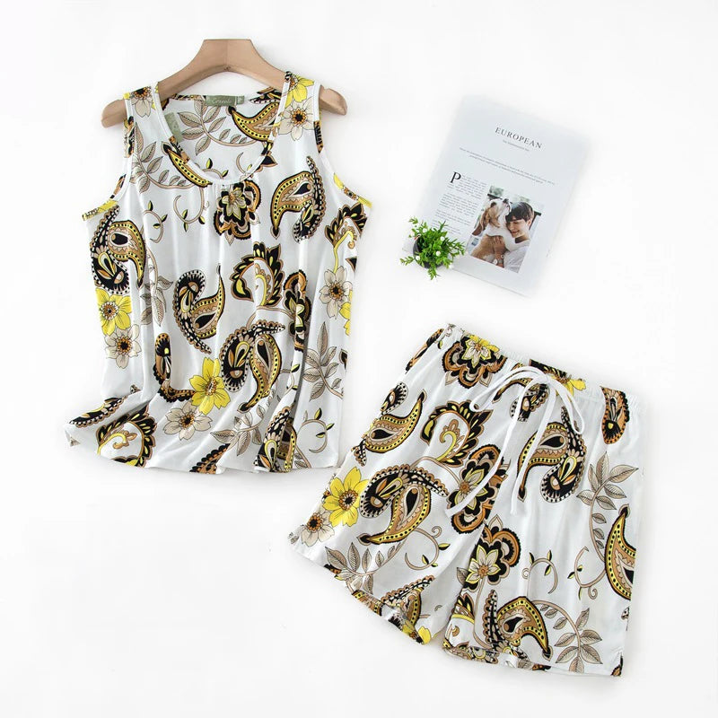 Hzioiys Summer Pajamas Sets Cotton Sleepwear Suit Women Casual Pajama Sets Cartoon Vest Shirt + Shorts Pajamas Suit Plus Size