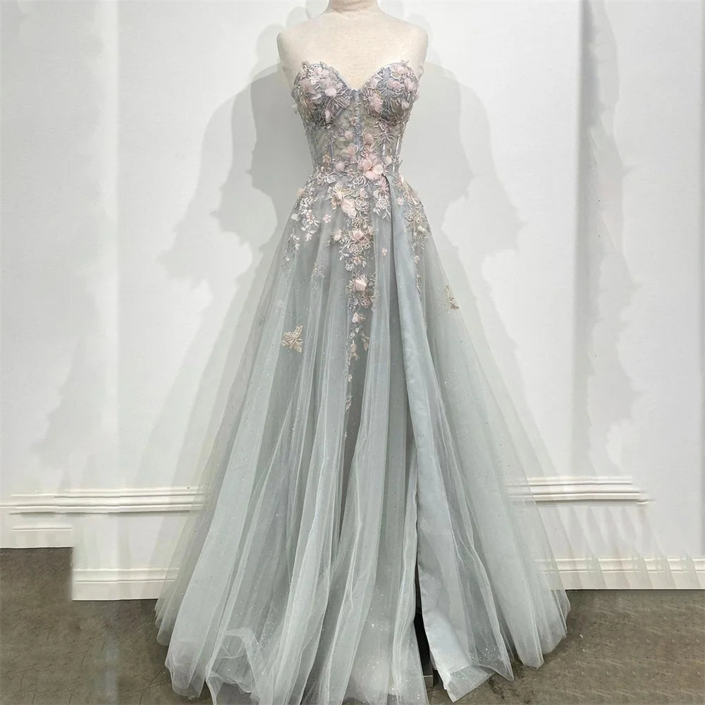 Lily Gray Strapless Evening Gown Elegant Lace A Line Prom Dress Appliques Glitter Wedding Evening Dresses for Woman Customized