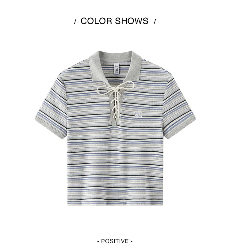 Semir Polo Shirt Women Cropped Slim Fit Tie Detail 2025 New Summer Cool Feeling Striped Top Retro for Trendy and Casual Looks