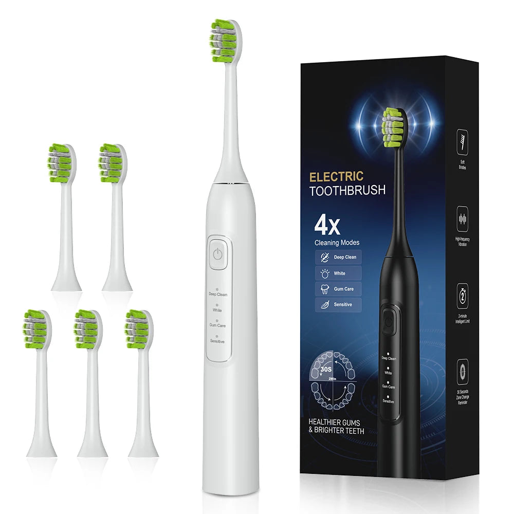 Electric sonic toothbrush with 6 toothbrush heads, USB rechargeable waterproof electric toothbrush, portable for travel