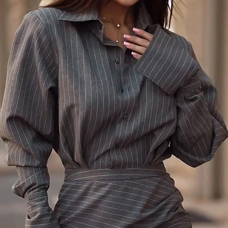 BKLD Dark Gray Fashion Sexy Office Lady Stripes Print Single Breasted Long Sleeve Lapel Shirt+Mini Slim Skirts Casual Streetwear