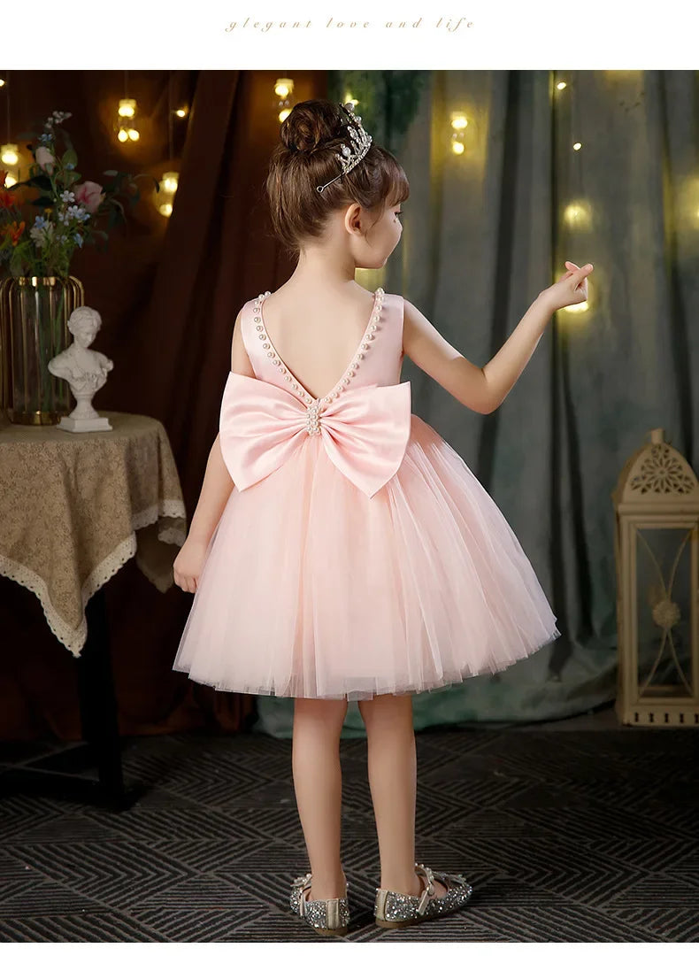 New Girls Princess Dress Summer Tulle Big Bow Girls Wedding Dress Piano Performance Costume Host Costume 2-10 Years Kids Clothes