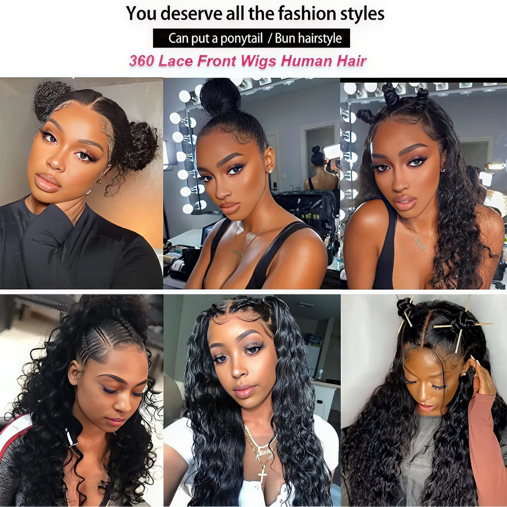 Water Wave Curly Wig 250 Density 360 HD Lace Invisi Strap Glueless Natural Black Human Hair Pre Plucked Wig for Black Women Wigs