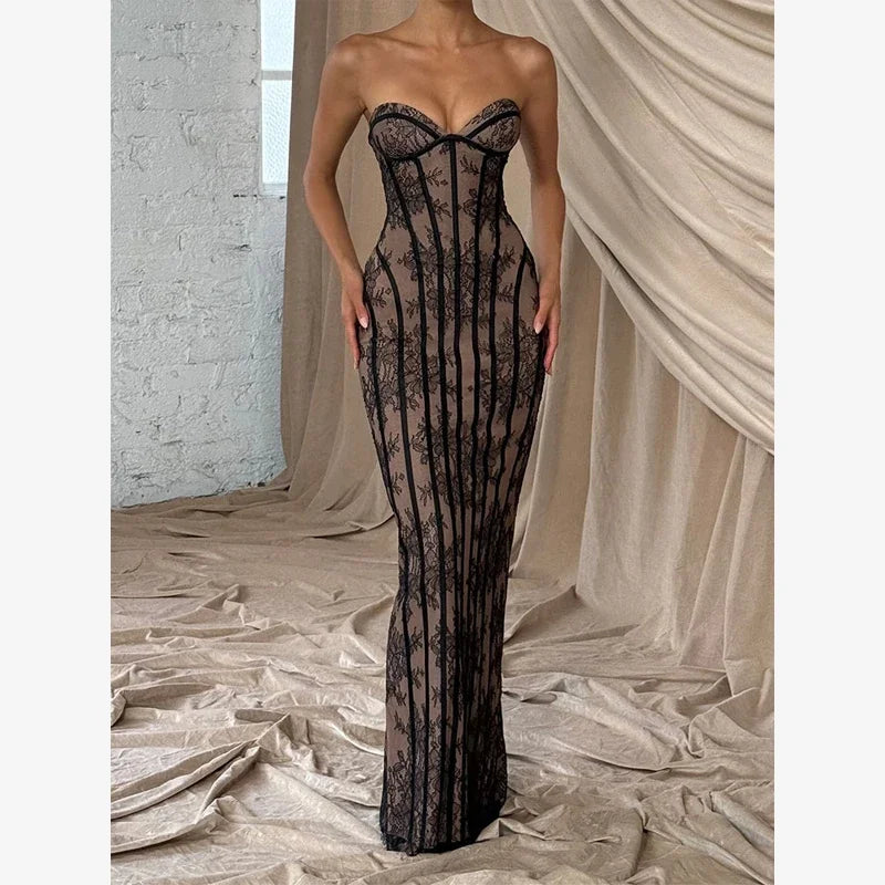 Women Strapless Tulle Fishbone Dress Backless Off Shoulder Printed Patchwork Slim Maxi Dresses 2026 Lady Chic Party Evening Gown
