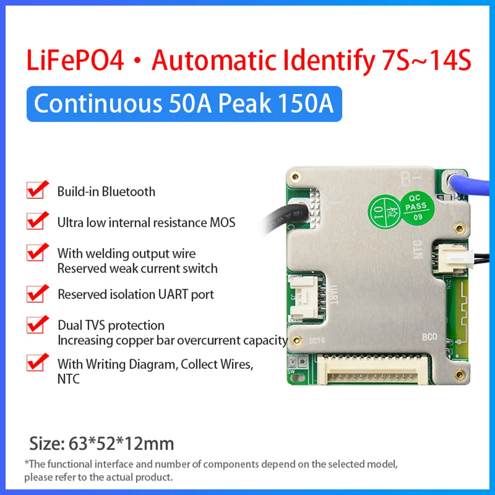 JiaBaiDa Automized Identify 7s-14s 7S 8S 9S 10S 11S 12S 13S 14S 20A 30A 40A 50A LFP NMC Smart BMS 24V 36V 48V