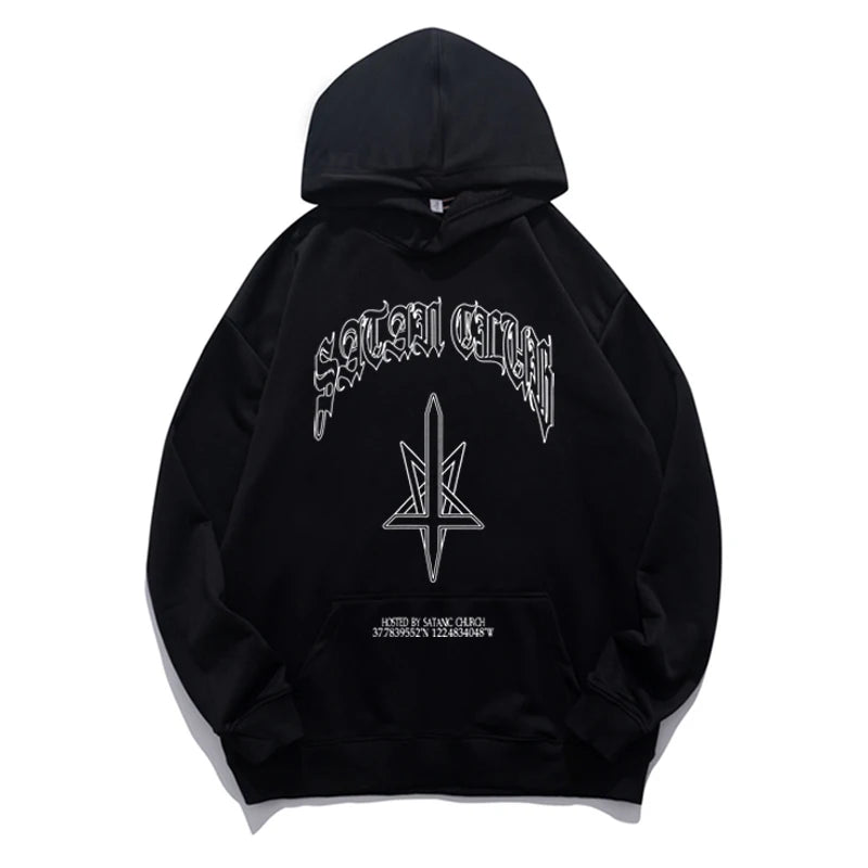 Hip Hop Streetwear Men Hoodies Satan Club Graphic Print Hooded Women Unisex Autumn Winter Punk Sweatshirts Y2K Coat Clothes Goth