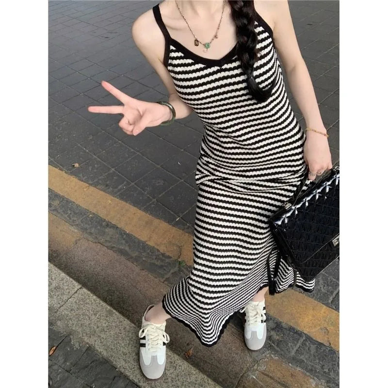 Summer Slimming High Waist V-Ne Wrap Body Lazy Sle Bla Stripe Knitted ter Dr Women Long Dr Trendy