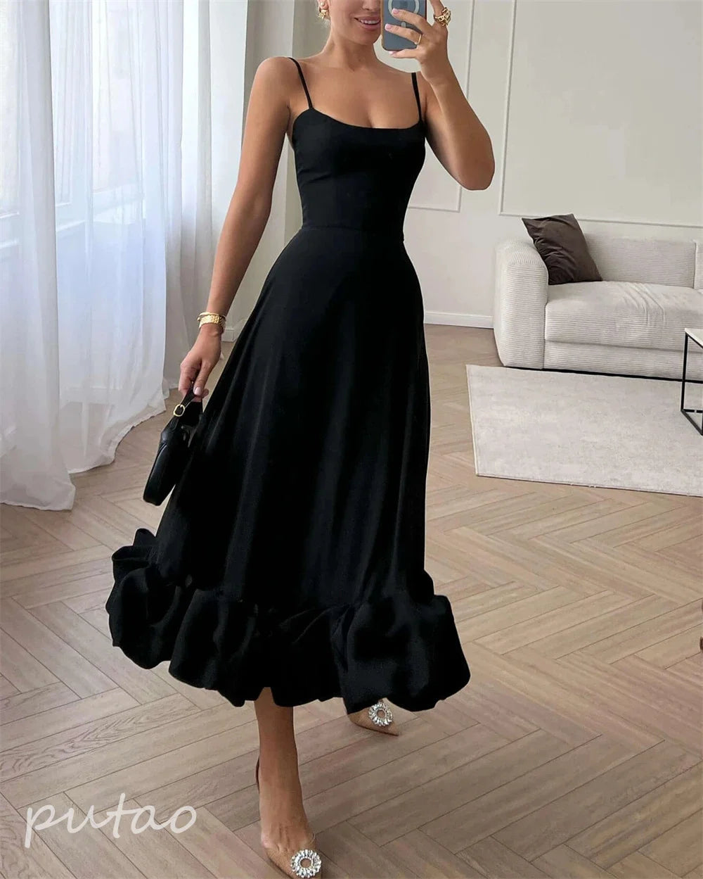 Putao Prom Dresses Fashion Square Empire Summer Party Dress Tea Length Sleeveless Chiffon Ruched Formal Evening Gowns платье жен