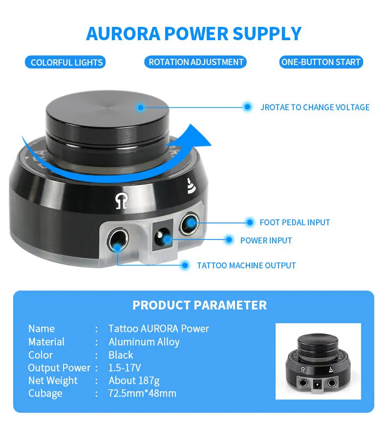 Professional Mini AURORA LCD Tattoo Power Supply With Adaptor for Coil & Rotary Tattoo Gun Machines