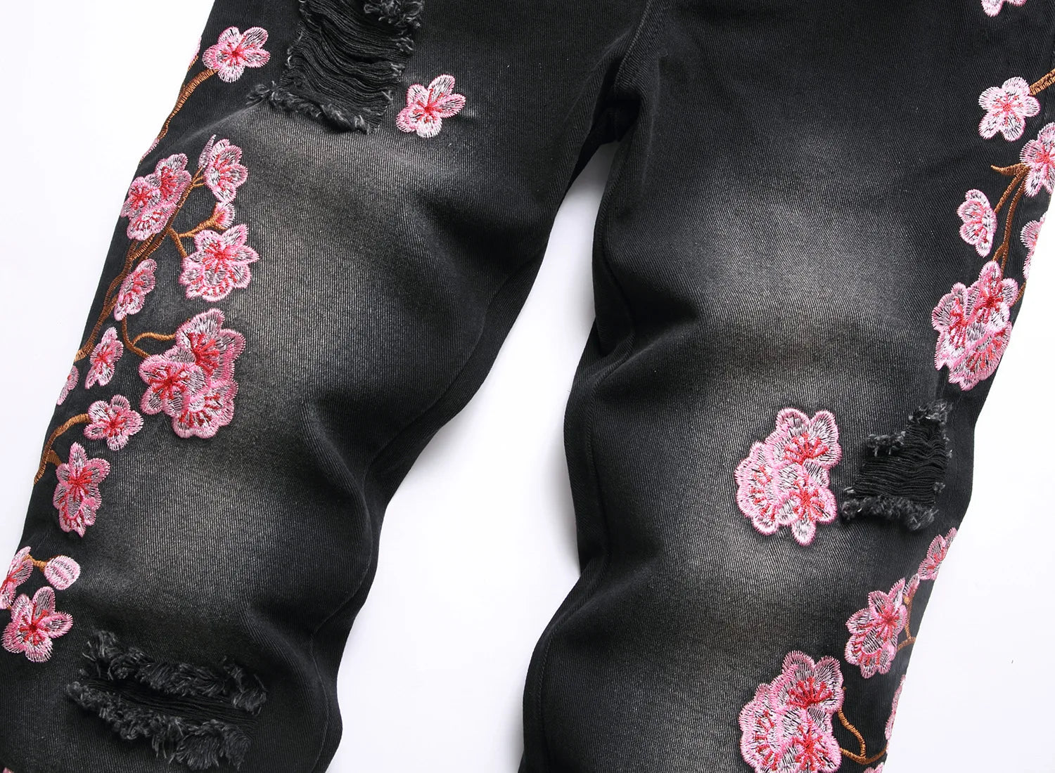 Men's high-street ripped jeans with floral embroidery patchwork, trendy street-style distressed flared jeans