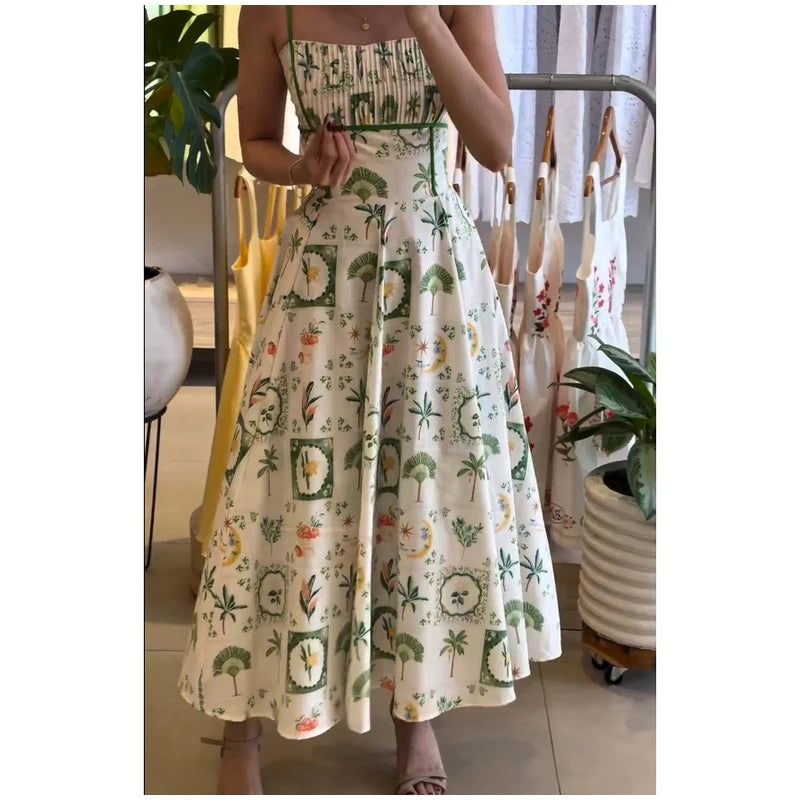 Women's Printed Sleeveless Halter Dress Waist-Closed A-Line Lady Elegant Dresses 2026 Spring Summer Fashion Female Vacation Robe