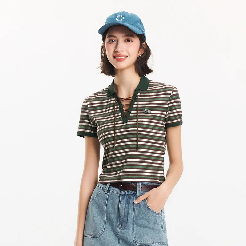 Semir Polo Shirt Women Cropped Slim Fit Tie Detail 2025 New Summer Cool Feeling Striped Top Retro for Trendy and Casual Looks