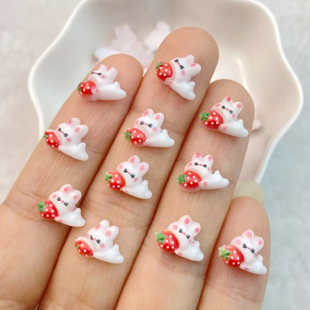 30Pcs Nail Art Accessories Cute mixed color cartoon strawberry rabbit Manicure Design Decorations Resin 3D Charm for Nails DIY