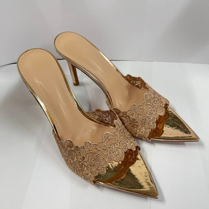 New Summer Women's High Heel Sandals Lace Embroidery Pointed Open Toe Stiletto High Heel Sandals Party Slippers