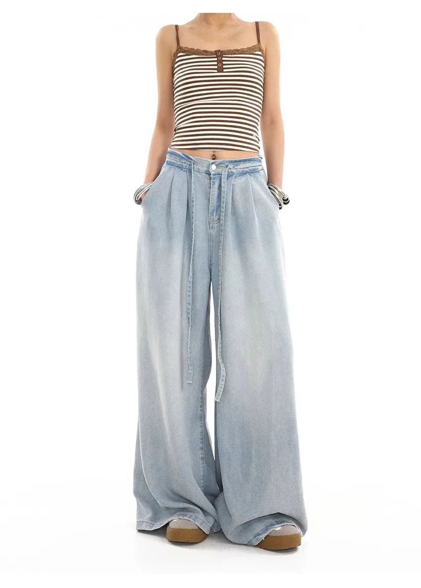 2025 Summer New Drape Wide Leg Jeans Elastic Versatile Ins Trendy Versatile Trousers Harajuku Jeans for Women Denim Pants