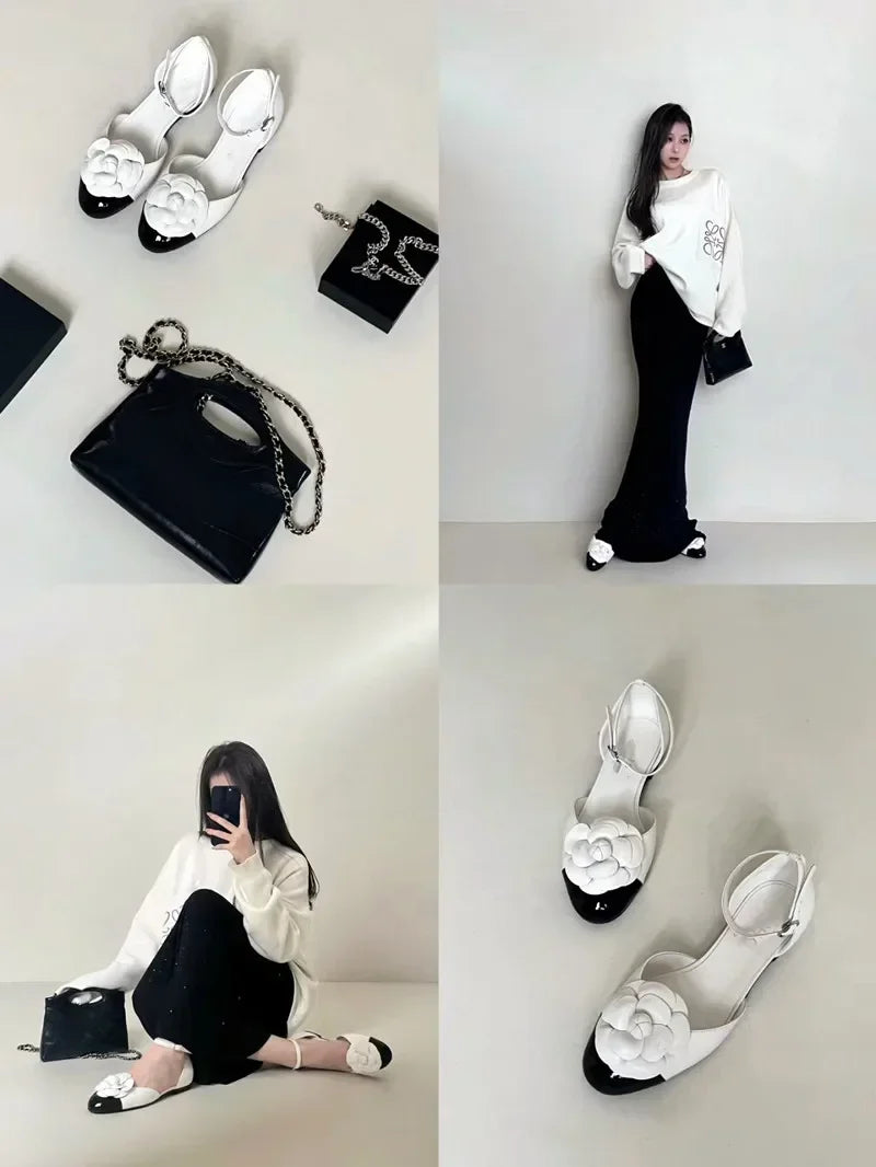 Luxury Designer Flower Mary Jane Pumps Women Round Toe Flat Sandals Women Summer Comforts Hollow Brand Floral Sandals Women