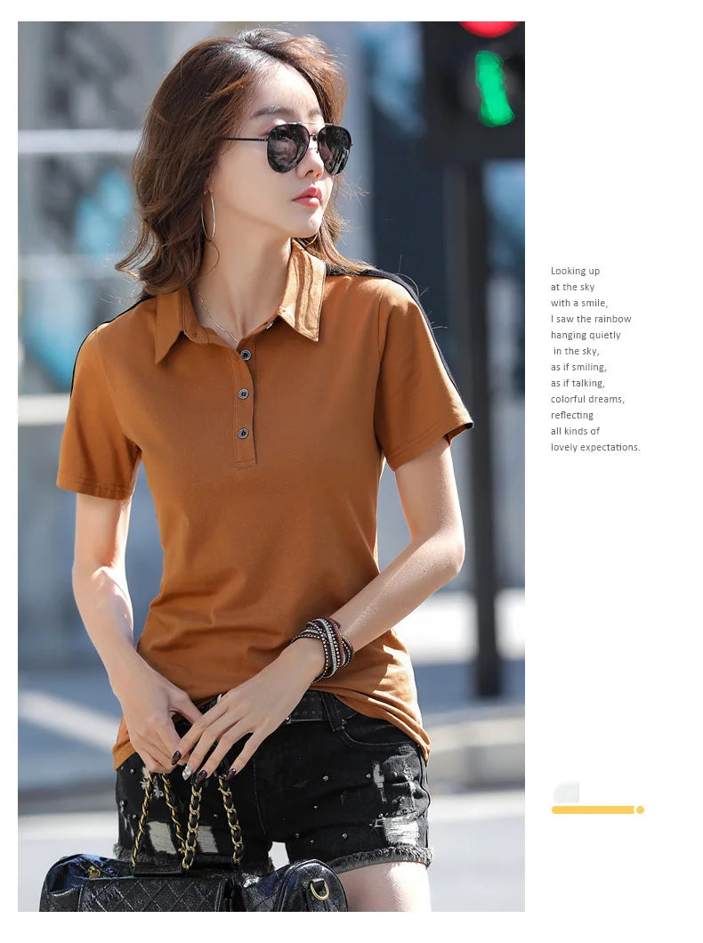 New Women Polo Shirt Summer Fashion Patchwork Button Turn-down Collar Short Sleeve Slim T-shirt Casual Basic Cotton Tees Tops