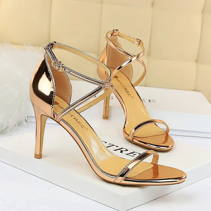 Women Fetish 8cm 11cm High Heels Summer Mid Low Heels Champagne Gold Sandals Roman Pumps Lady Gladiators Stiletto Stripper Shoes