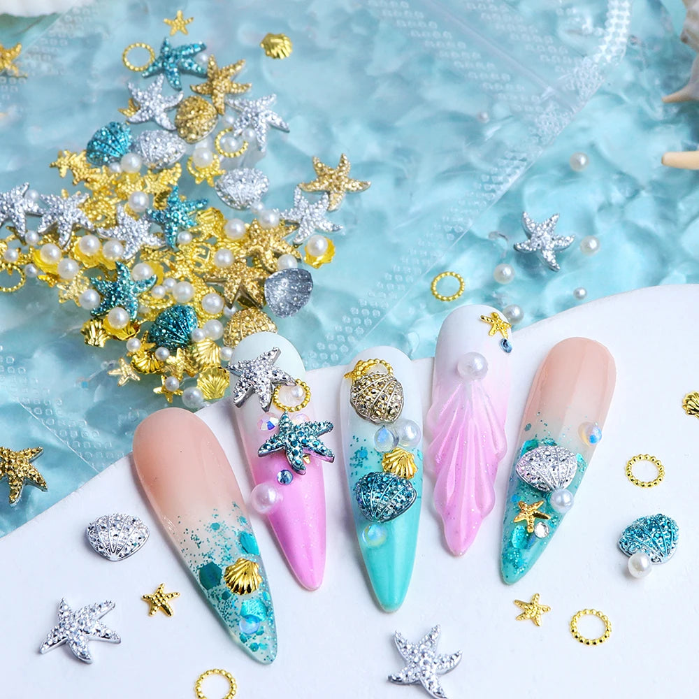 Ocean Style Seashell Starfish Nails Accessories Starfish Conch Metal Rivets Nail Charms Summer DIY Nail Art Supplies Decorations