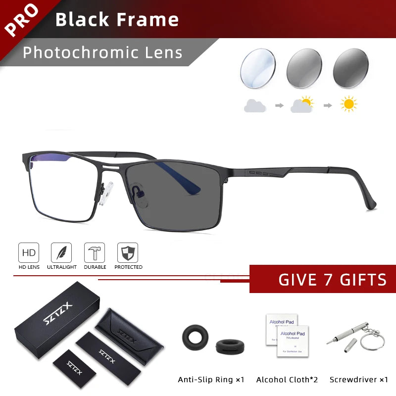 SZTZX Men Business Reading Glasses Anti Blue Light Myopia Prescription Eyeglasses Ultralight Photochromic Optical Sunglasses