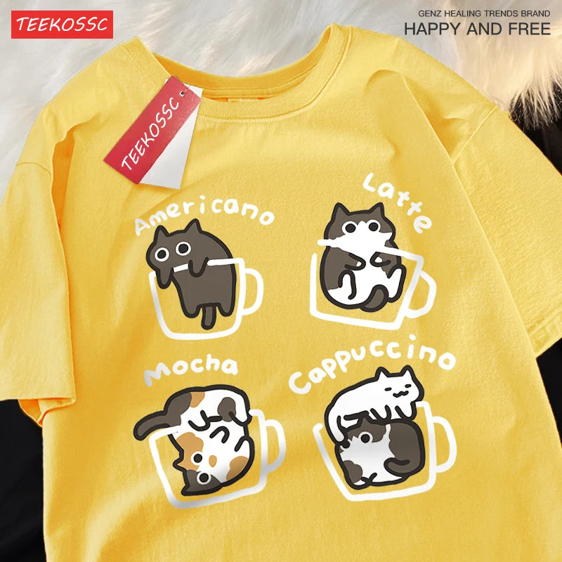Cat Coffee Pure Cotton Trendy Summer Loose Short Sleeved T-shirt Men Unisex Original Mocha Latte Cat Three Flowers Fun Cat Tees