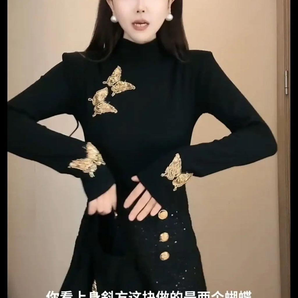 Autumn Winter Half High Collar Long Sleeve Fashion T-Shirts Women High Street Casual Embroidered Patchwork All-match Pullovers