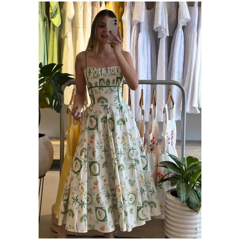 Women's Printed Sleeveless Halter Dress Waist-Closed A-Line Lady Elegant Dresses 2026 Spring Summer Fashion Female Vacation Robe