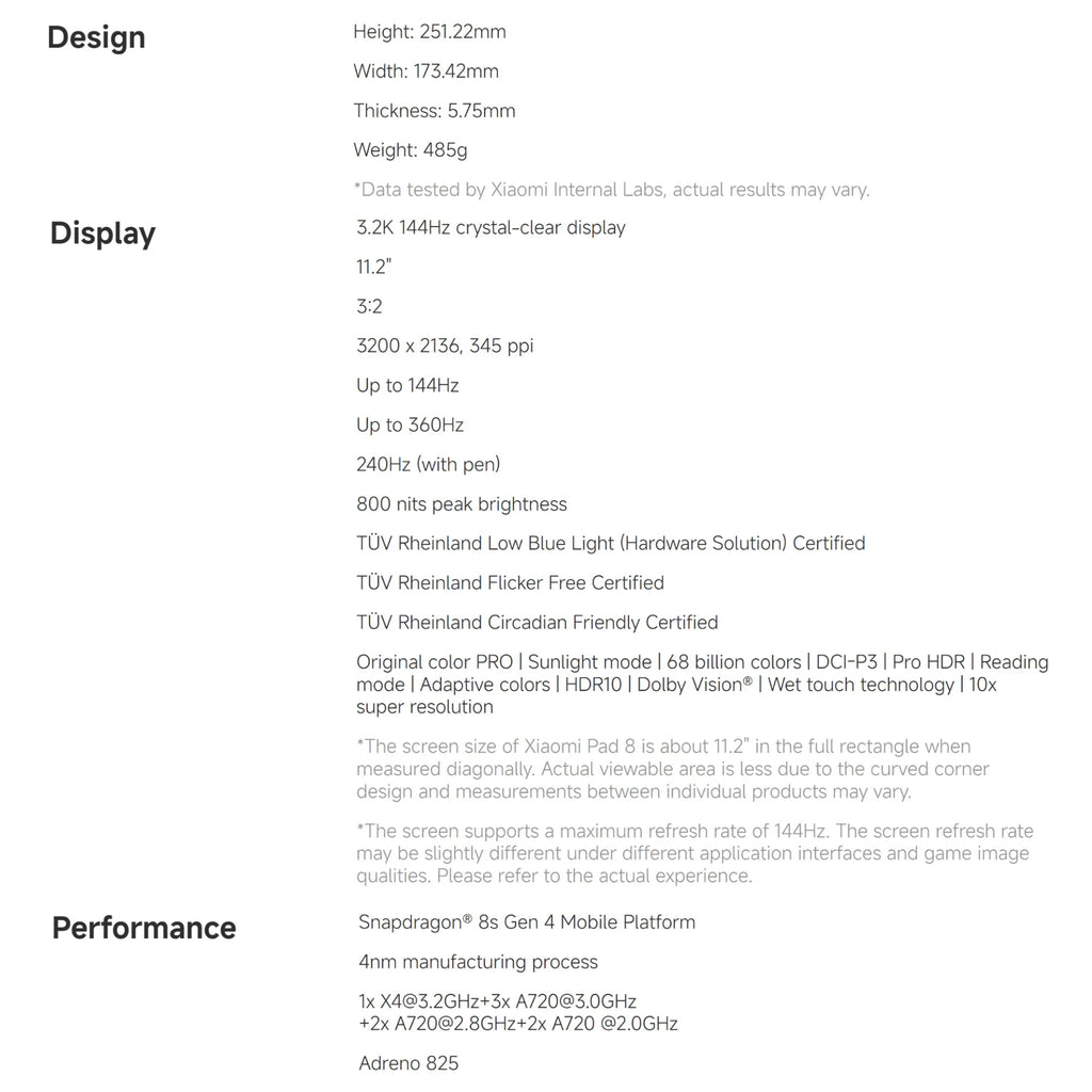 Xiaomi Pad 8 8+128GB WIFI 7 Global Version Snapdragon® 8s Gen 4 Mobile Platform 11.2" 3.2K 144Hz Display 9200mAh 45W Face Unlock
