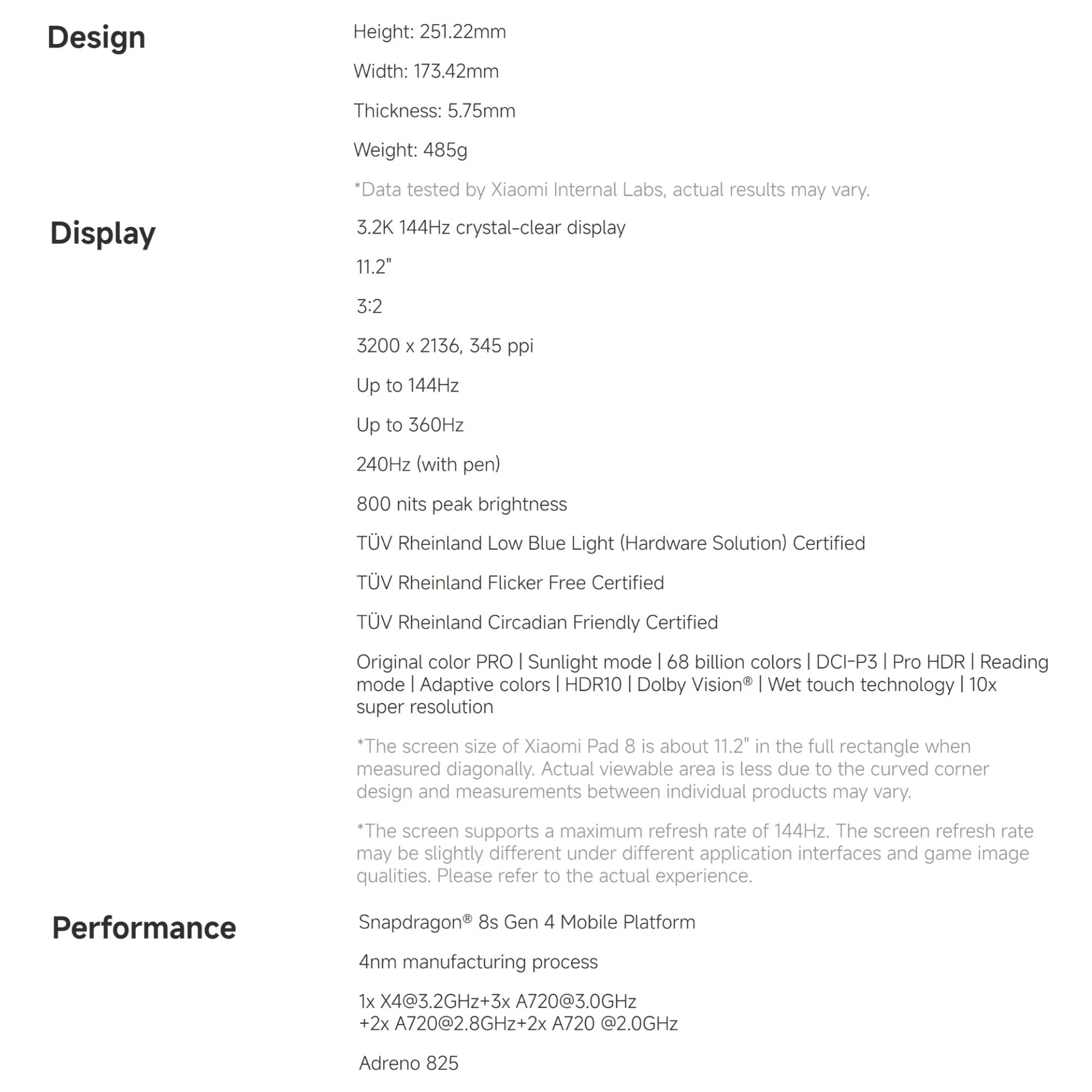 Xiaomi Pad 8 8+128GB WIFI 7 Global Version Snapdragon® 8s Gen 4 Mobile Platform 11.2" 3.2K 144Hz Display 9200mAh 45W Face Unlock