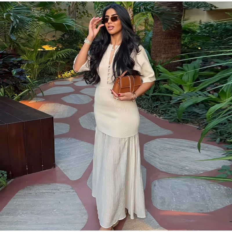 Elegant Women Patchwork Long Dress Short Sleeve O Neck Button A-Line Dresses Spring Summer Vintage Beach Vacation Casual Robes