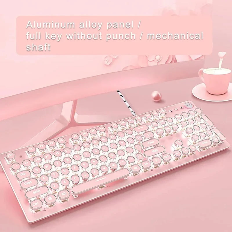 Girl Pink Real Mechanical Keyboard Green Axis Punk Retro Round Key Chocolate Lipstick Office Typing Game Keyboard